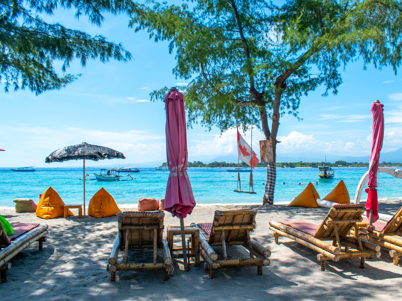 seating area on the upper east side of a beach on gili trawangan