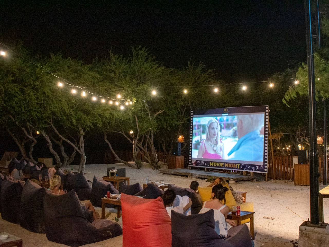 night view of the open air outdoor cinema on gili trawangan
